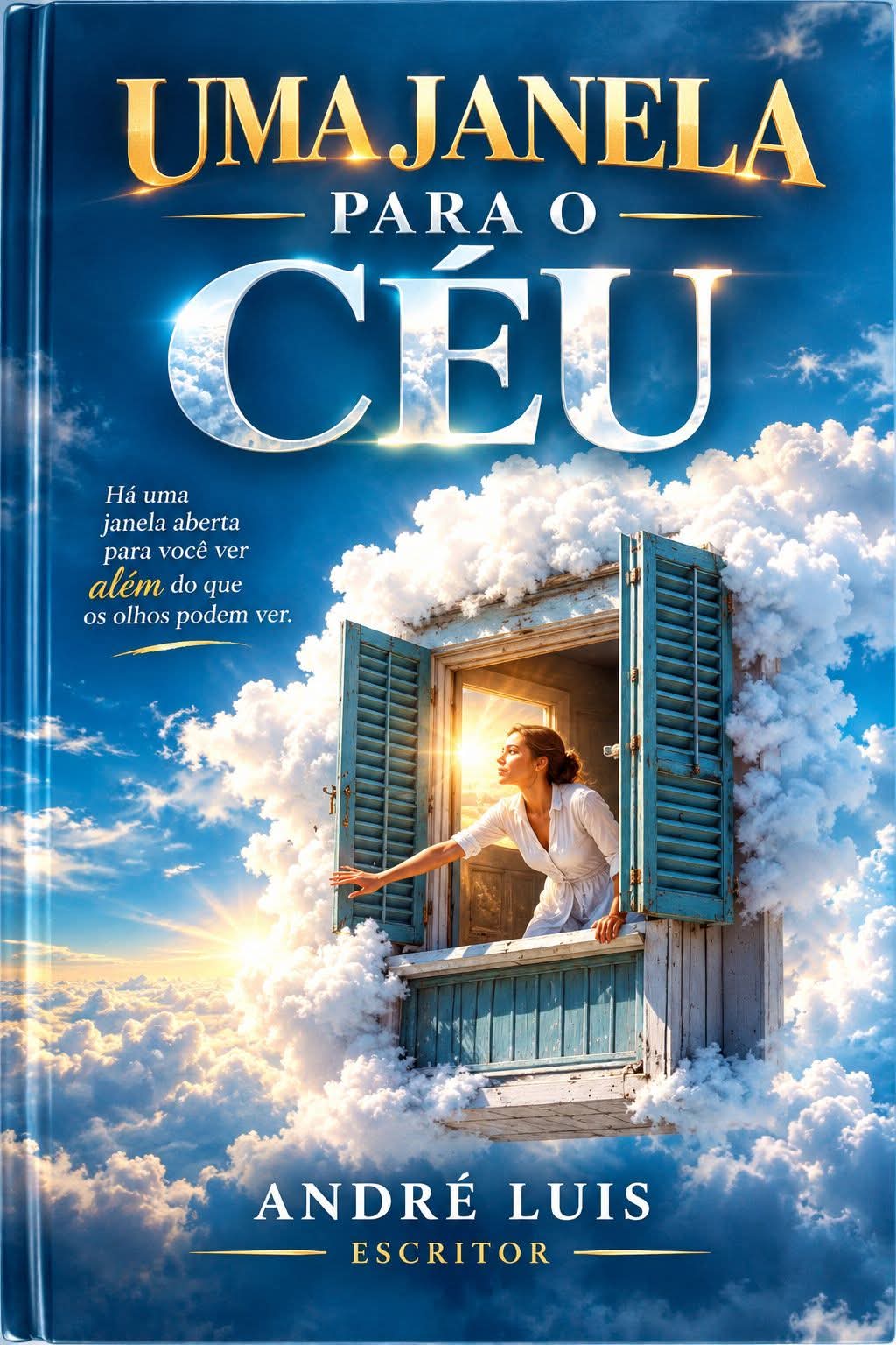 Capa do livro Uma Janela para o Céu, com uma moça em uma janela aberta entre nuvens